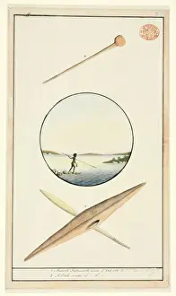 Watling Prints: Fishing scene framed in tondo, surrounded by musical instrum