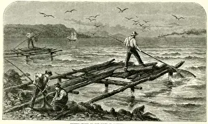 Fishing stages on the St Lawrence River, Canada