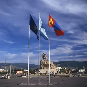 Mongolia Prints: Flags and Memorial at Ulaanbaatar, Mongolia