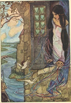 Turret Collection: Out flew the web and floated wide. Illustration by Florence Harrison of Tennysons The