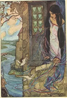Dove Prints: Out flew the web and floated wide. Illustration by Florence Harrison of Tennysons