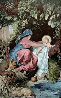 Images Dated 22nd September 2013: Flight into Egypt. Engraving. Colored