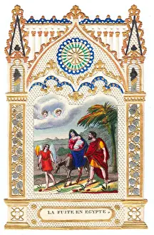 Flight into Egypt on a paper lace Christmas card