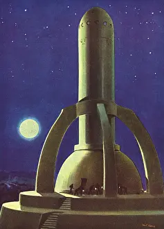 Lunar Prints: Flights into the Future - technicians inspecting space ship