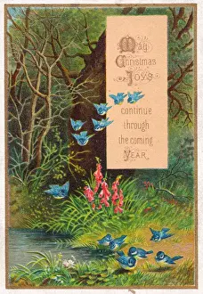 Swooping Prints: Flock of blue tits in summer scene on a Christmas card