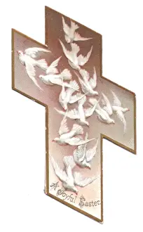 Doves Prints: Flock of white doves on a cross-shaped Easter card