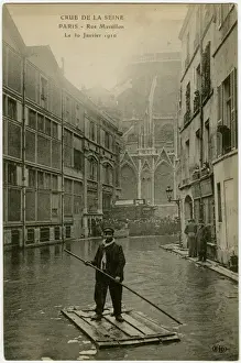 Flooding Prints: Flooding in Paris - Parisian punting down Rue Massillon
