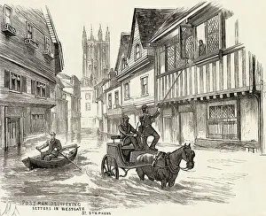 Delivering Prints: Floods at Canterbury, Kent, in autumn 1882: postman delivering letters in Westgate