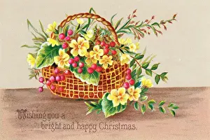 Flowers and berries in a basket on a Christmas card