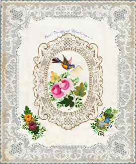 Flowers and bird on a paper lace romantic card