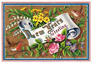 Sparrow Gallery: Flowers and birds on a New Year card