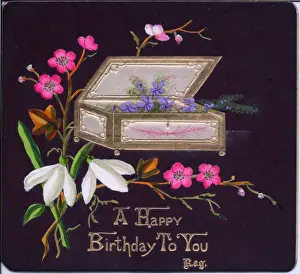 Snowdrop Prints: Flowers and a box on a birthday card