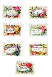 Images Dated 13th November 2015: Flowers with greetings on seven Victorian scraps