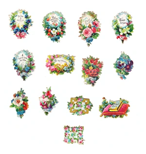 Pansies Gallery: Flowers with greetings on thirteen romantic Victorian scraps
