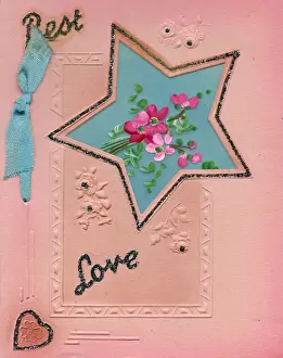 Flowers with heart and star on a greetings card