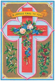 Flowers, mistletoe, holly and a cross on a Christmas card