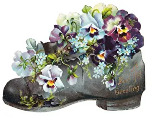 Variegated Prints: Flowers in an old boot on a greetings card
