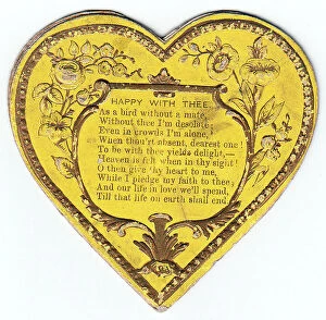 Images Dated 22nd June 2018: Flowers and verse on a yellow heart-shaped Valentine card
