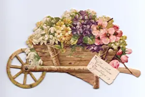 Wheelbarrows Prints: Flowers in a wheelbarrow on a cutout Christmas card