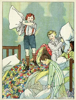 Pillow Prints: Down with the Foe, Boys having a Pillow Fight by Ruth Cobb