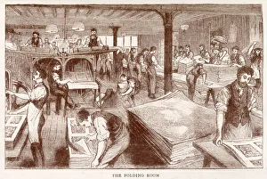 Piles Gallery: In the folding room, busy workers checking, sorting and putting in order the pages