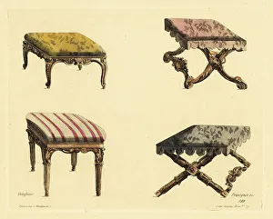 Footstools and stools in carved wood and rich fabric in the Loui
