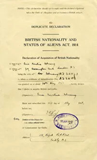 Images Dated 20th July 2018: Form, British Nationality and Status of Aliens Act, 1914