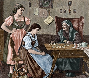 Divination Collection: At fortune tellers house. Engraving. Colored