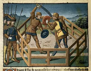 Wrestlers Prints: Fouquet, Jean (1420-1481). Two knights fighting