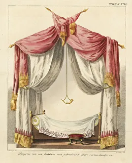 Fringe Prints: Four-poster bed with embroidered bedspread, fringed canopy and d