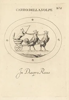Vigilance Prints: A fox driving a chariot drawn by two roosters