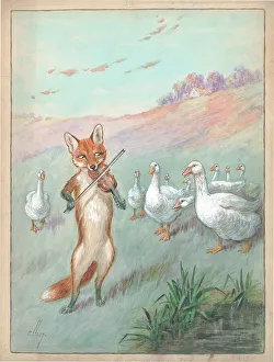 Fox playing the violin to geece