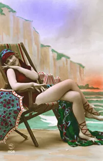 Bather Gallery: France - Jolly girl in a bathing costume on a deckchair