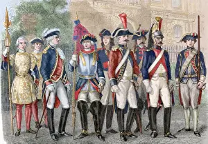 Militar Prints: France. Royal Guard. 18th century. Colored engraving