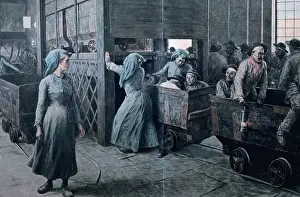 Miners Prints: France. Women working inside of a coal mine. Drawing color