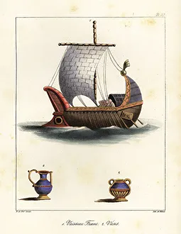 Frankish ship with naval ram, mast with sail and rigging, oars