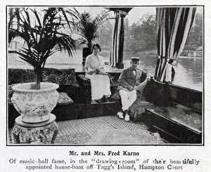 Fred Karno, music hall star, pictured in the well-appointed living room of his house-boat
