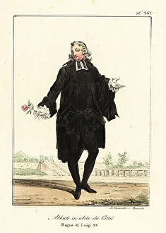 Mid 18th Century Prints: French abbot in town outfit with rose, mid-18th century