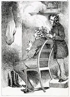 Client Prints: A French barber puts his male client's hair into curling papers Date: 1840