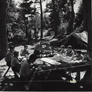 Trestle Prints: French boy scouts enjoying meal at camp