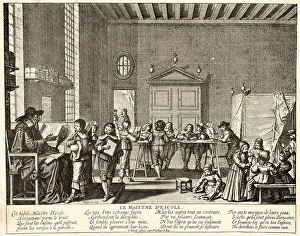 Classroom Prints: A French classroom of boys and girls with their teacher. Date: early 17th century