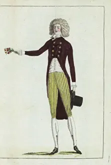 French dandy in red riding coat, striped culottes 1790