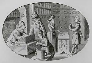 Medicines Prints: French druggist and grocer, 16th century. Engraving