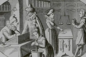 Medicines Prints: French druggist and grocer, 16th century. Engraving