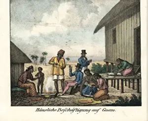 Explorers Prints: French explorers visiting a Chamorro stilt house on Guam