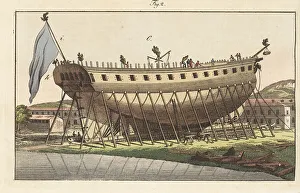 Carl Bertuch Prints: French frigate in a shipyard ready for launch, 1800s