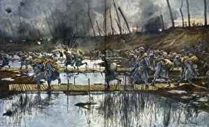 Pontoon Prints: French infantry crossing Yser canal, Belgium, WW1