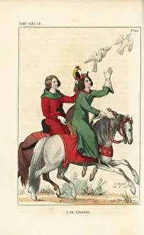 Falcons Prints: French noble couple hunting with falcons, 13th century