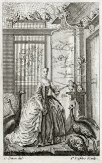 Aviary Prints: A French noblewoman among her feathered friends Date: early 18th century