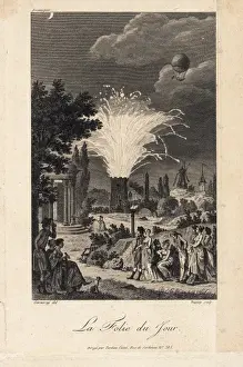 French park festivities with fireworks and balloon